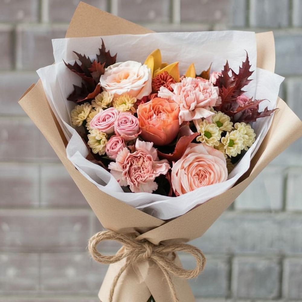 Букет осеннее настроение в Первомайской Букет цветов из: Гвоздики, Хризантемы и Розы в Первомайской