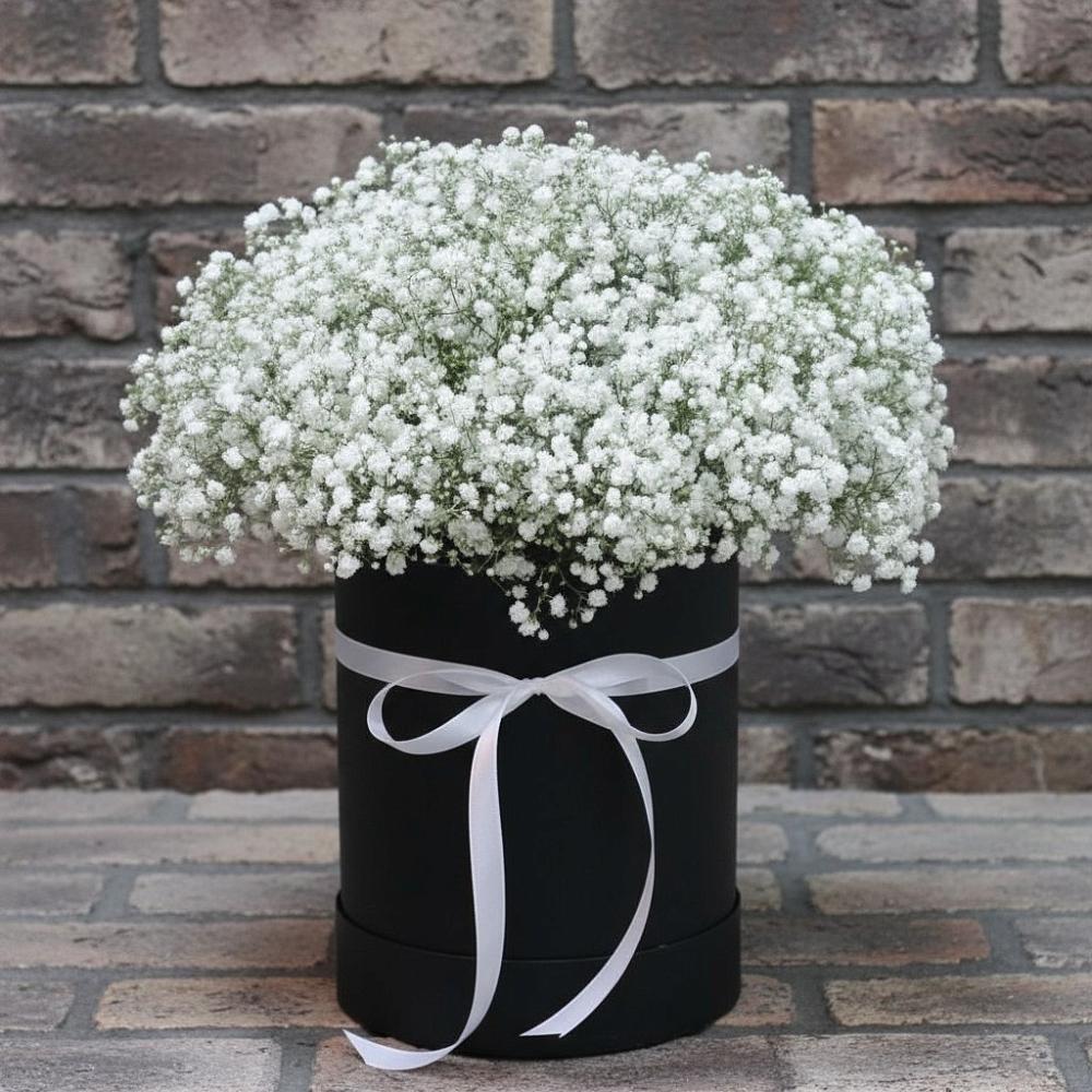 Композиция коробка гипсофил в Первомайской Цветочная композиция из Гипсофила в шляпной коробке в Первомайской