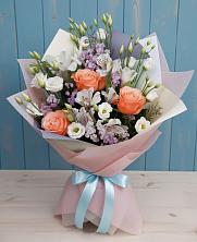 Букет Утренняя свежесть в Первомайской Букет цветов из:  Лизиантусы, Розы, Альстромерии и Гипсофила в Первомайской