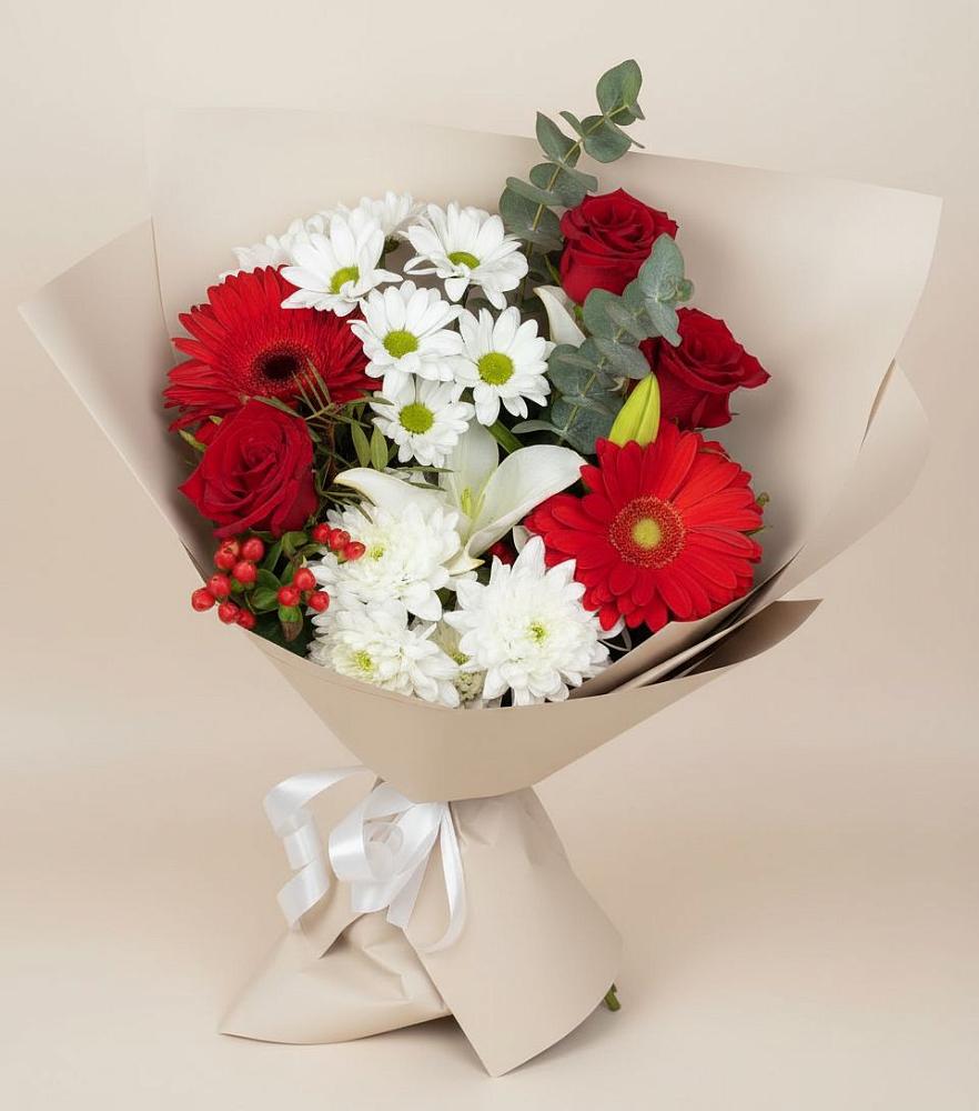 Букет поцелуй лета в Первомайской Букет цветов из: Розы, Хризантемы, Герберы и Лилии в Первомайской