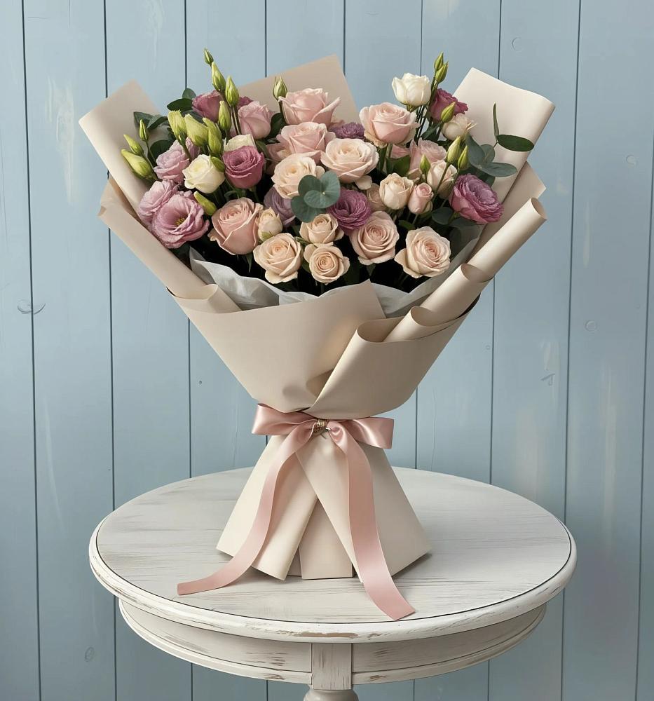 Букет бодрость в Первомайской Букет цветов из: Розы и Лизиантусы в Первомайской